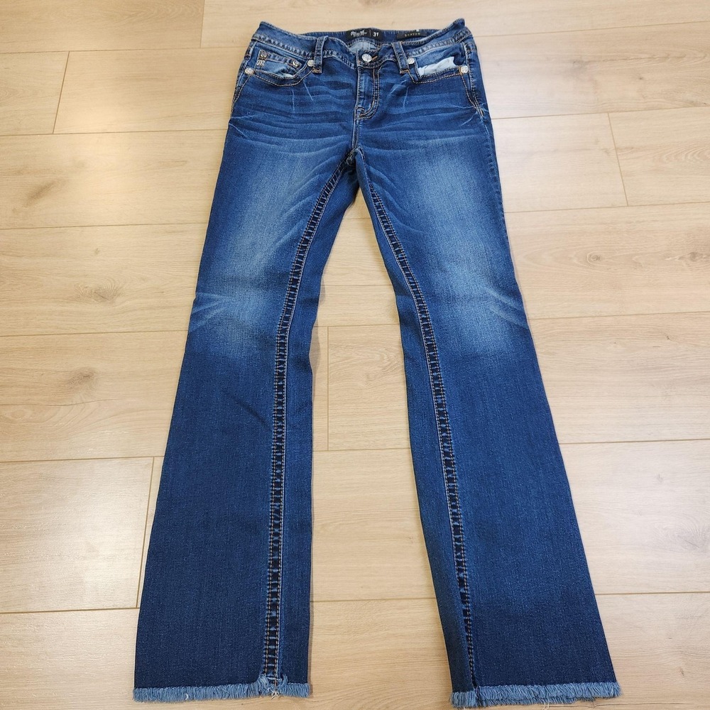 Miss Me Jeans Womens 31x34 Medium Wash Blue Mid Rise Bootcut Raw Hem Rhinestone